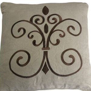 Elegant Soft Throw Pillow with Brown Embroidered Scroll Design Home Decor Accent